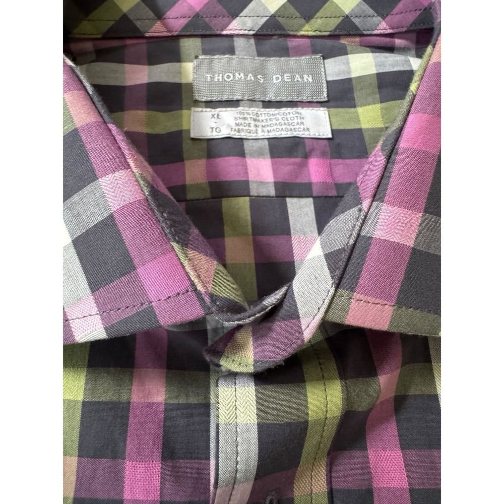 Thomas Dean XL Plaid Button Front Shirt Purple Green Gray Cotton NWOT Career